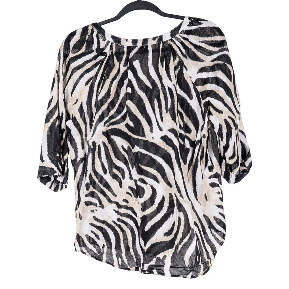 Westbound Zebra Print Shirt PL Petite L Sheer VNeck Black Cream Roll Tab Sleeve - Picture 6 of 6